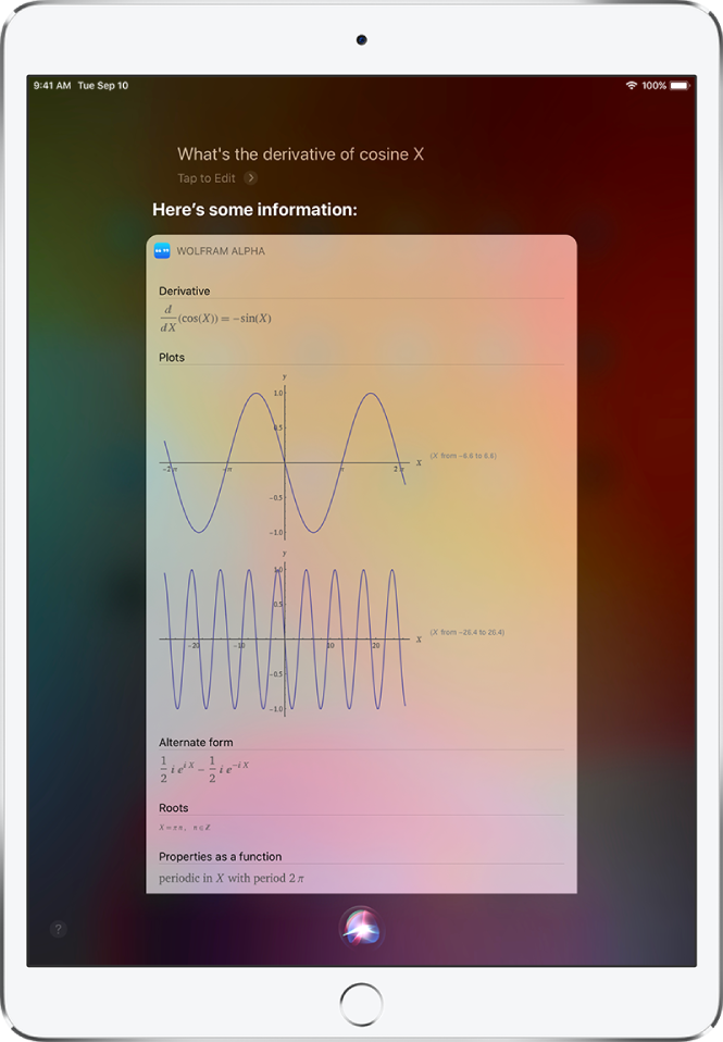 A response to the question “What’s the derivative of cosine x?” The screen shows, from top to bottom, an equation, two graphs, and additional information.