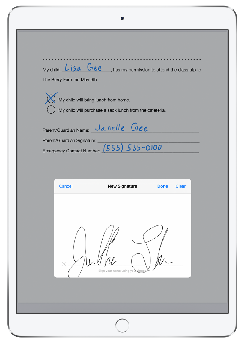 A new signature being added to a PDF using Apple Pencil. Behind the new signature window is a permission slip for a child to attend a class trip.