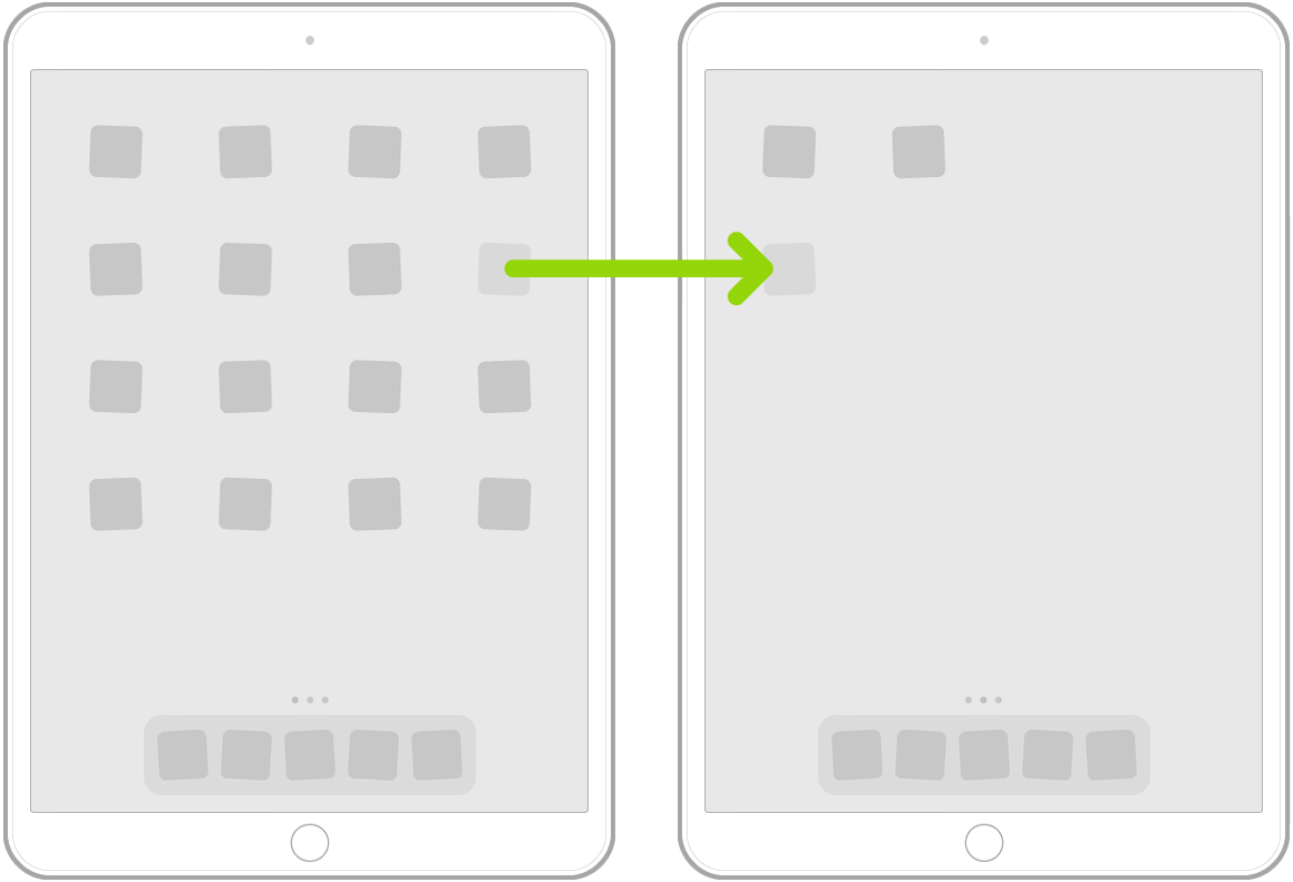 Jiggling apps on the Home screen with an arrow showing one app being dragged to the next page.