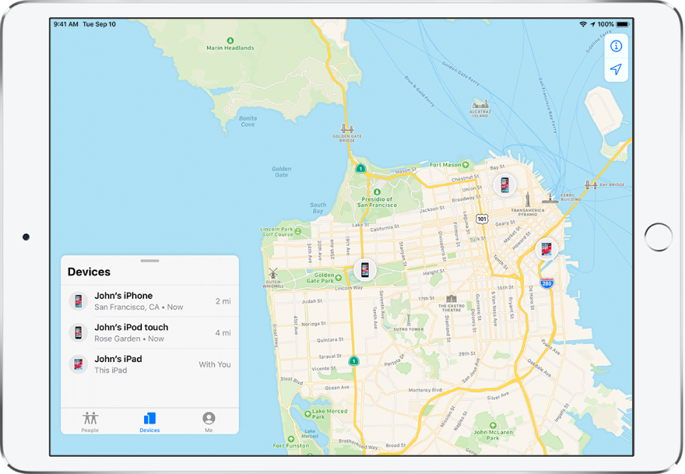 There are three devices in the Devices list: John’s iPhone, John’s iPod touch, and John’s iPad. Their locations are shown on a map of San Francisco.
