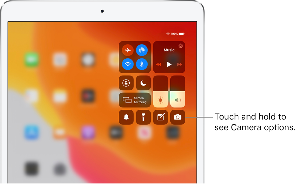 Controls for airplane mode, cellular data, Wi-Fi, and Bluetooth in the top-left group in Control Center for Wi-Fi + Cellular iPad models. A callout to the Camera control says to touch and hold the Camera icon (at the bottom right) to see more Camera options.