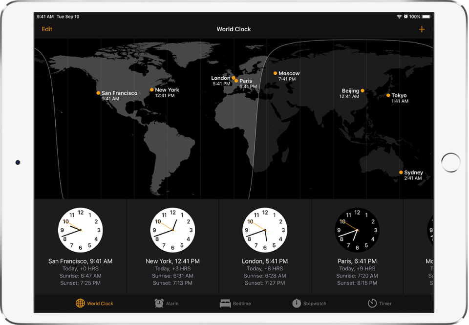 The World Clock tab, showing the time in various cities. Tap Edit at the top left to arrange the clocks. Tap the Add button at the top right to add more. Alarm, Bedtime, Stopwatch, and Timer buttons are along the bottom.