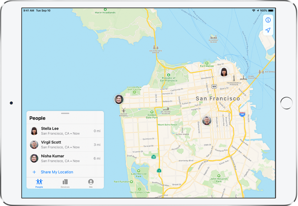 There are three friends in the People list: Virgil Scott, Stella Lee, and Nisha Kumar. Their locations are shown on a map of San Francisco.
