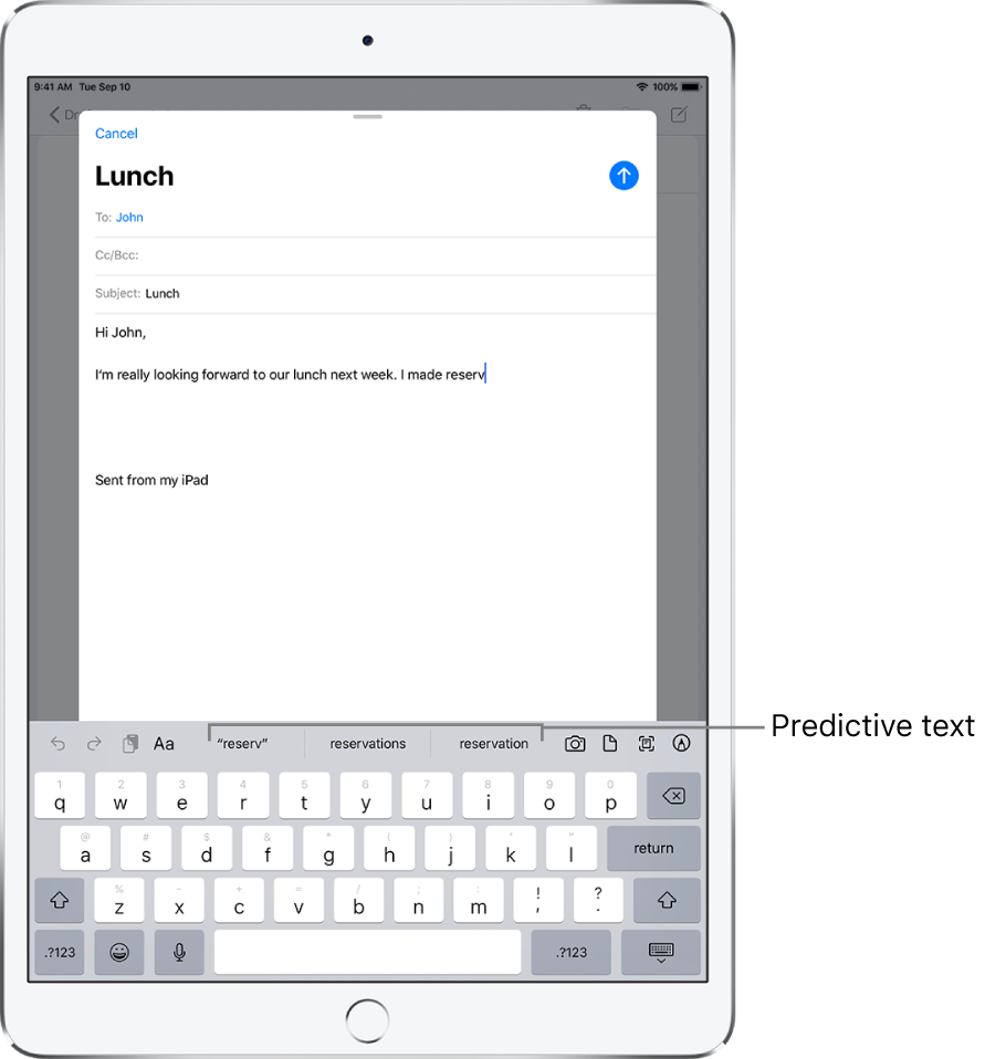 A Mail message showing the first few words of a new message, with predictive text suggestions for completing the next word.