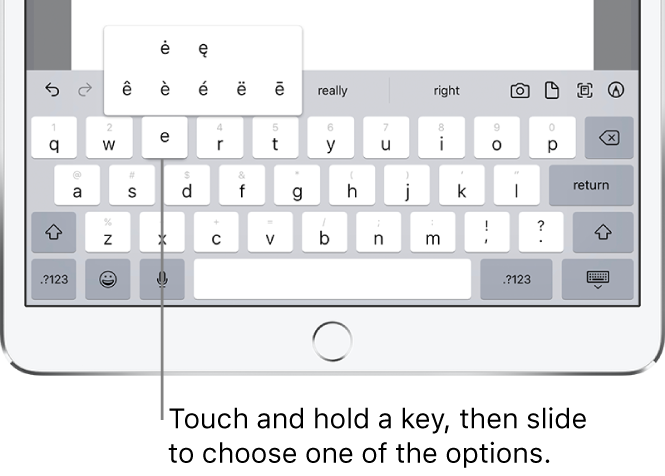 A screen showing alternate characters for the “e” key.