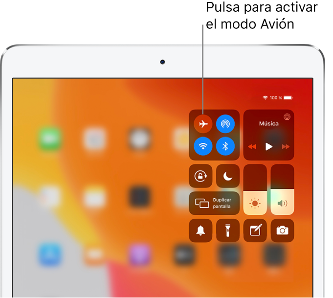 Pantalla del centro de control donde se muestra cómo se activa el modo Avión al pulsar el botón situado en la esquina superior izquierda.