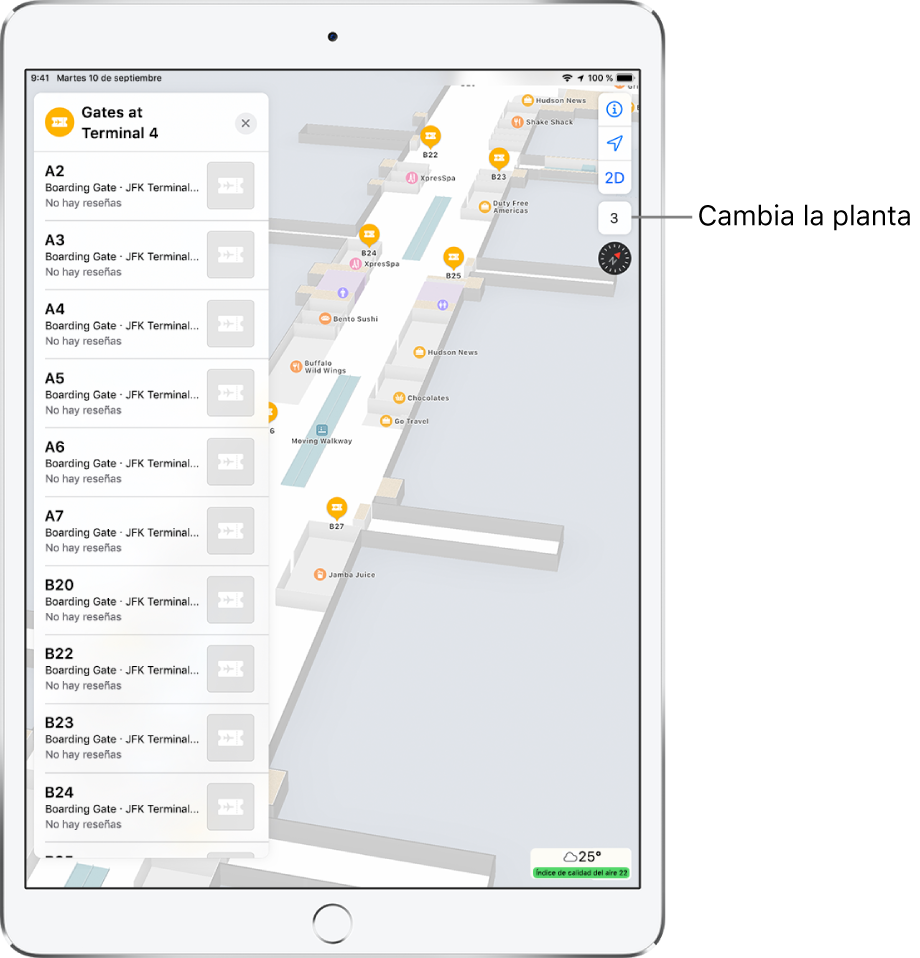 Un mapa del interior de la terminal de un aeropuerto. El mapa muestra los comercios y las puertas de embarque. En la parte izquierda de la pantalla, una tarjeta identifica las puertas de la Terminal 4.