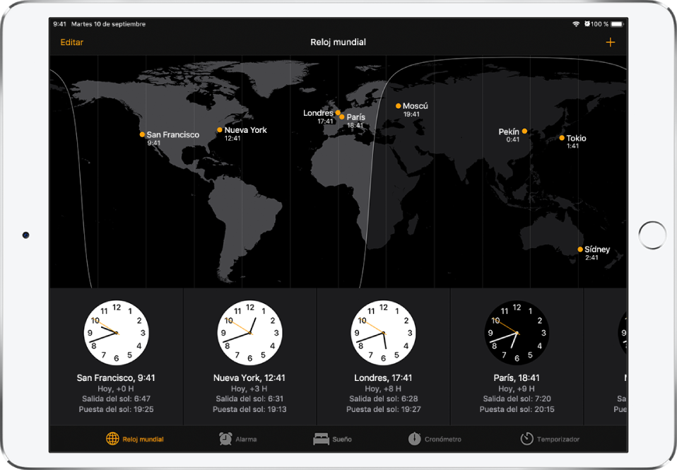 Pestaña “Reloj mundial” con la hora de varias ciudades. Pulsa Editar en la esquina superior izquierda para ordenar los relojes. Pulsa el botón Añadir en la esquina superior derecha para añadir más. Los botones Alarma, Sueño, Cronómetro y Temporizador se encuentran en la parte inferior.