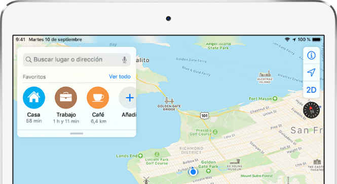 Mapa del Área de la Bahía de San Francisco con dos favoritos que se muestran debajo del campo de búsqueda. Los favoritos son Casa y Trabajo.