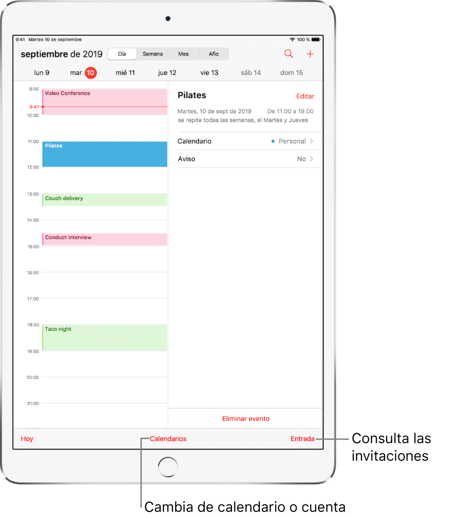 Un calendario en visualización de día. Pulsa los botones de la parte superior para cambiar la vista entre Día, Semana, Mes y Año. Pulsa el botón Calendarios situado en la parte inferior para cambiar los calendarios o las cuentas. Pulsa el botón Entrada situado en la parte inferior derecha para ver las invitaciones.