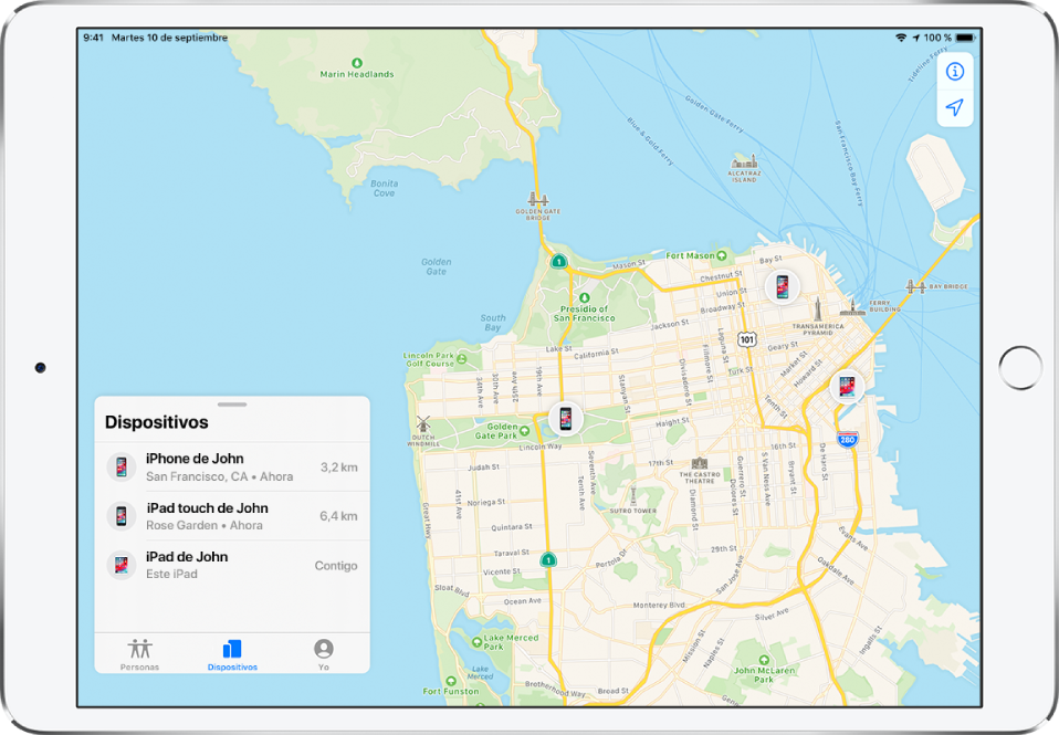 Hay tres dispositivos en la lista Dispositivos: iPhone de Juan, iPod touch de Juan y iPad de Juan. Sus ubicaciones se muestran en un mapa de San Francisco.