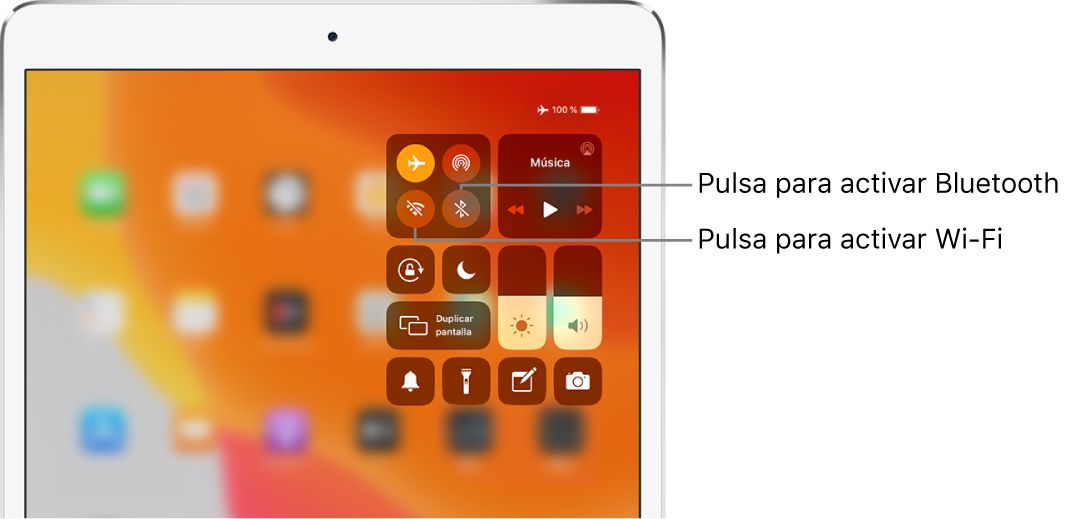 Centro de control con el modo Avión activado y textos que explican que al pulsar el botón de abajo a la izquierda del grupo de controles situado arriba a la izquierda se activa la conexión Wi-Fi, y al pulsar el botón de abajo a la derecha de ese grupo se activa la conexión Bluetooth.
