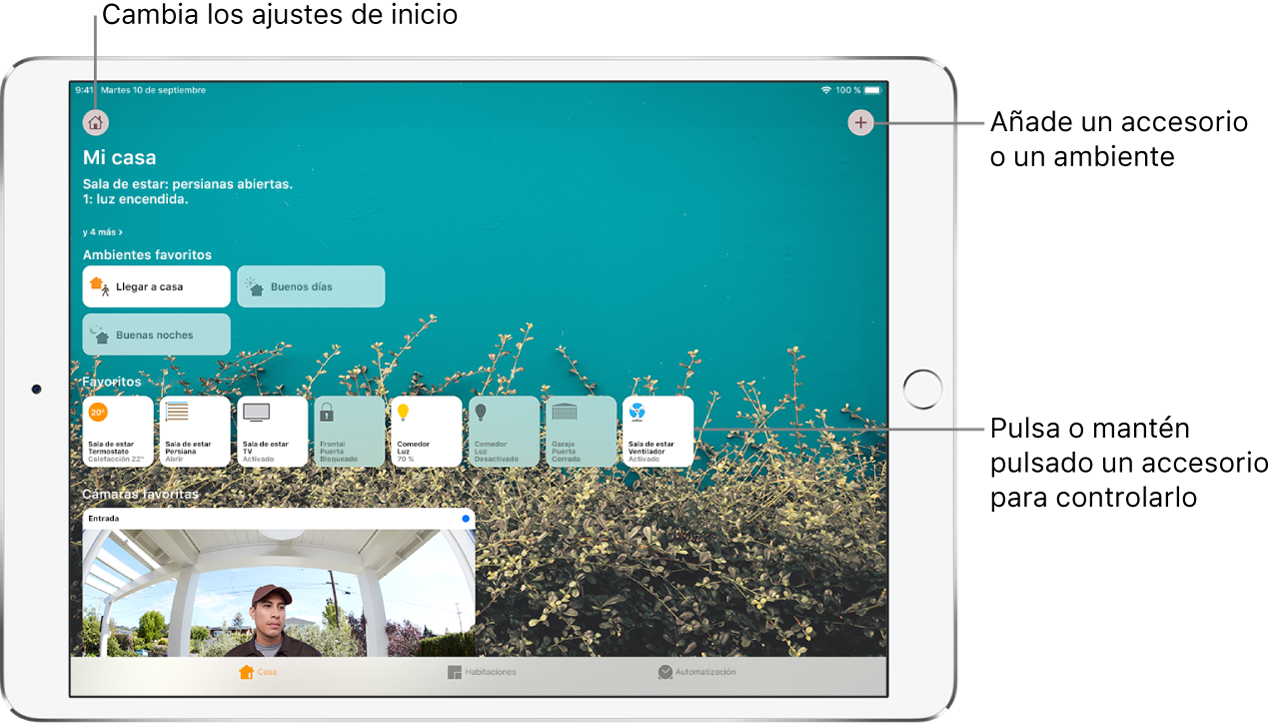 Pestaña Casa. En la parte superior, se muestra un resumen del estado de la casa. Debajo, se muestran ambientes y accesorios que se han marcado como favoritos. En la parte inferior, se muestran las pestañas Habitaciones y Automatización.