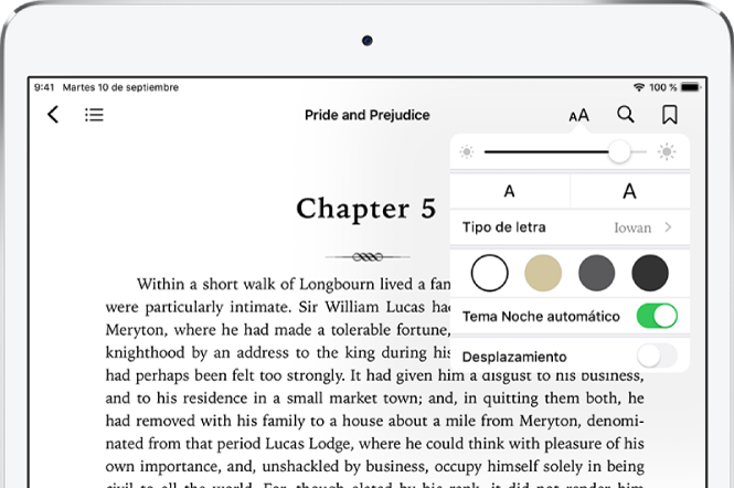 El menú Aspecto de un libro está seleccionado con los controles (de arriba a abajo) de brillo, tamaño de letra, estilo de letra, color de página, tema noche automático y desplazamiento.