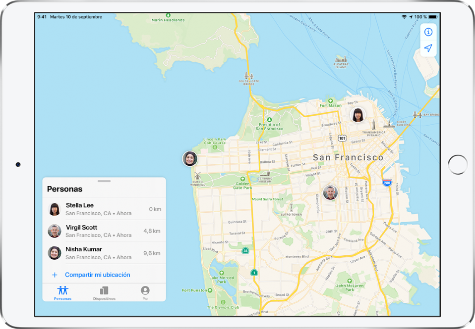 Hay tres amigos en la lista Personas: Estrella López, Vicente Sarrió y Nerea Colomer. Sus ubicaciones se muestran en un mapa de San Francisco.