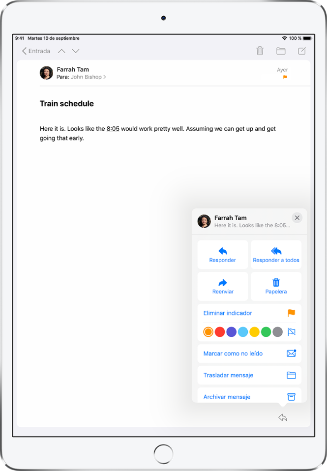 Un mensaje de correo electrónico mostrando las opciones de respuesta en la esquina inferior derecha. Debajo de esas opciones están los colores disponibles para los indicadores.
