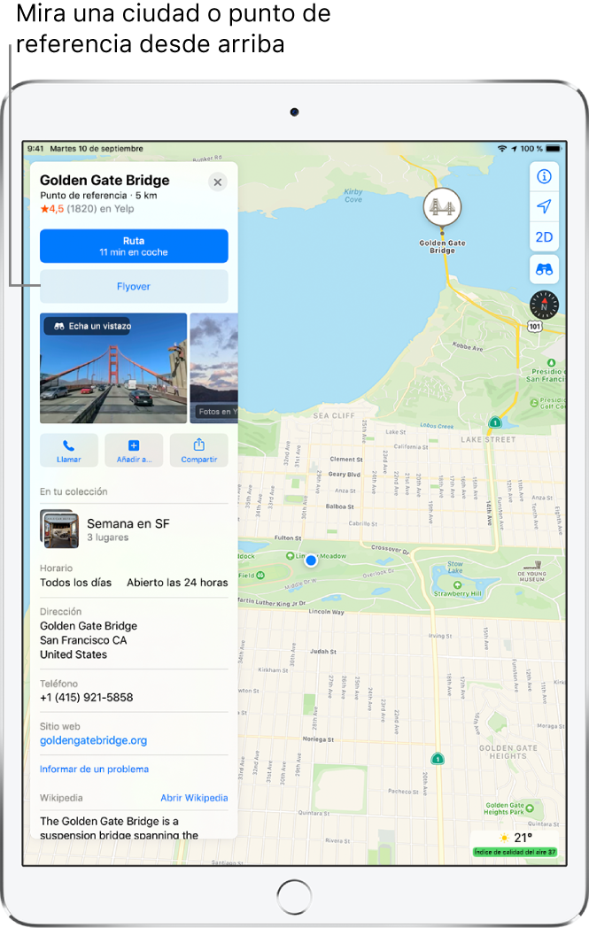 Mapa de San Francisco. En la parte izquierda de la pantalla, una tarjeta de información del Golden Gate muestra un botón Flyover debajo de un botón de indicaciones.