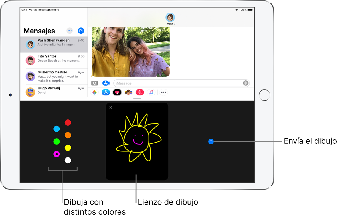 Una ventana de Mensajes con la pantalla Digital Touch en la parte inferior. Las opciones de colores se encuentran a la izquierda; el lienzo de dibujo, en el centro, y el botón Enviar, a la derecha.