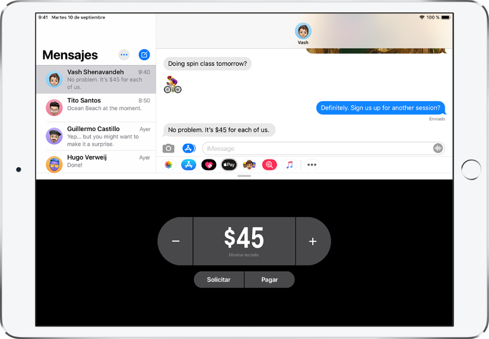 Conversación de iMessage con la app Apple Pay abierta en parte inferior.