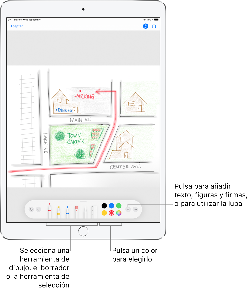 Una imagen en la ventana Marcación. Debajo de la imagen, de izquierda a derecha, se encuentran los botones de las herramientas de Marcación: bolígrafos, borrador, herramienta de selección, colores, botones para añadir un cuadro de texto, tu firma y figuras, y otro para seleccionar la lupa.