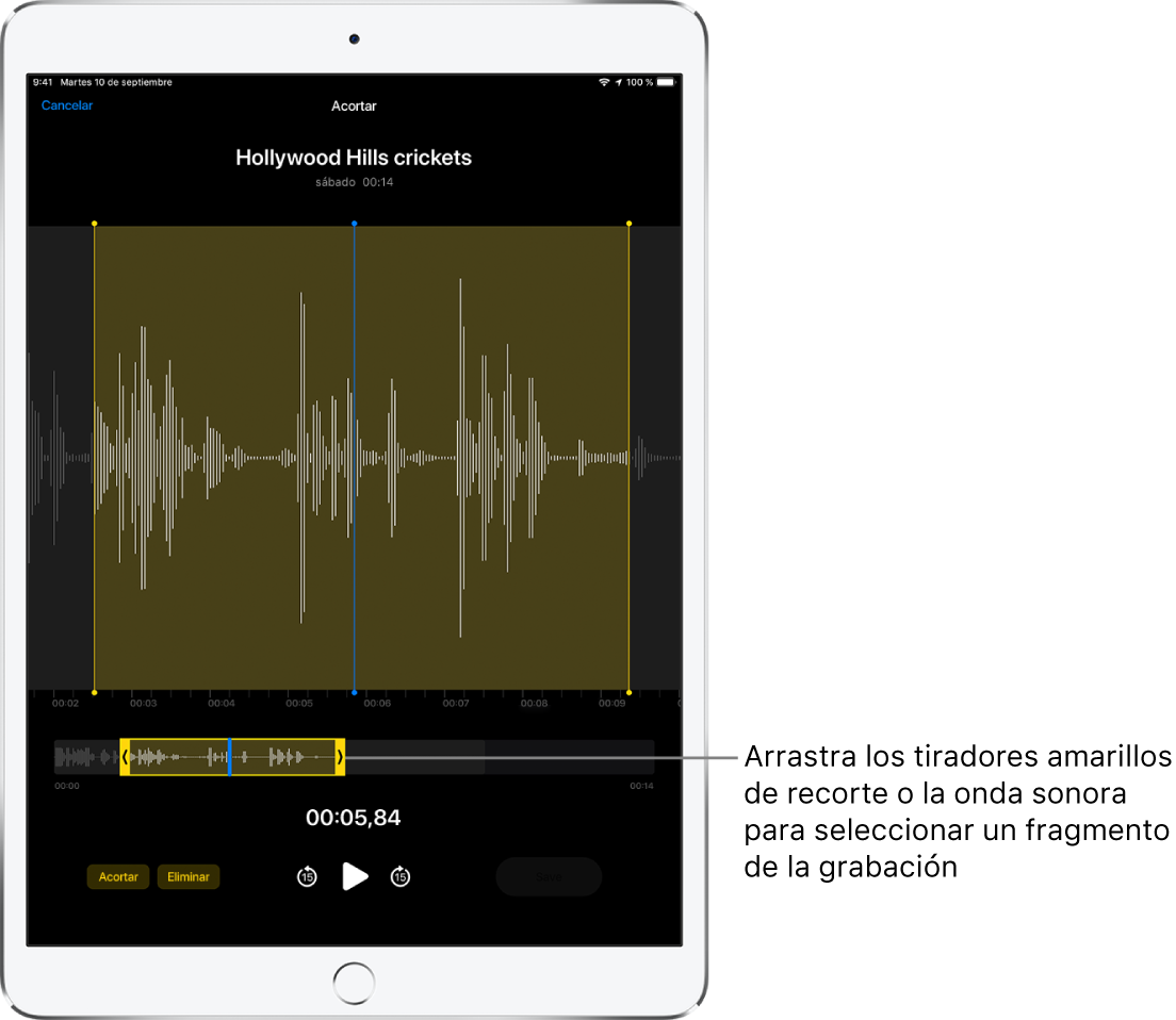 La grabación se está acortando, con los tiradores de recorte amarillos que enmarcan una porción de la forma de onda de audio en la parte inferior de la pantalla. Debajo de la forma de onda y los tiradores de recorte hay un botón Reproducir y un temporizador de grabación.