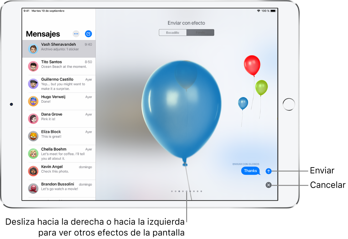 Vista previa de un mensaje con un efecto de pantalla completa con globos.