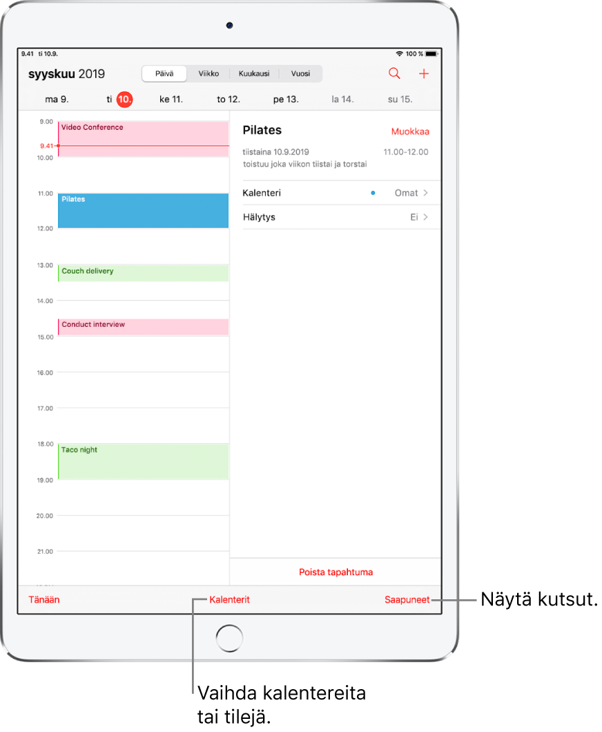 Kalenterin päivänäkymä. Voit vaihtaa näkymää päivän, viikon, kuukauden ja vuoden välillä napauttamalla ylhäällä olevia painikkeita. Voit vaihtaa kalentereita tai tilejä napauttamalla alhaalla olevaa Kalenterit-painiketta. Voit näyttää kutsut napauttamalla oikeassa alakulmassa olevaa Saapuneet-painiketta.