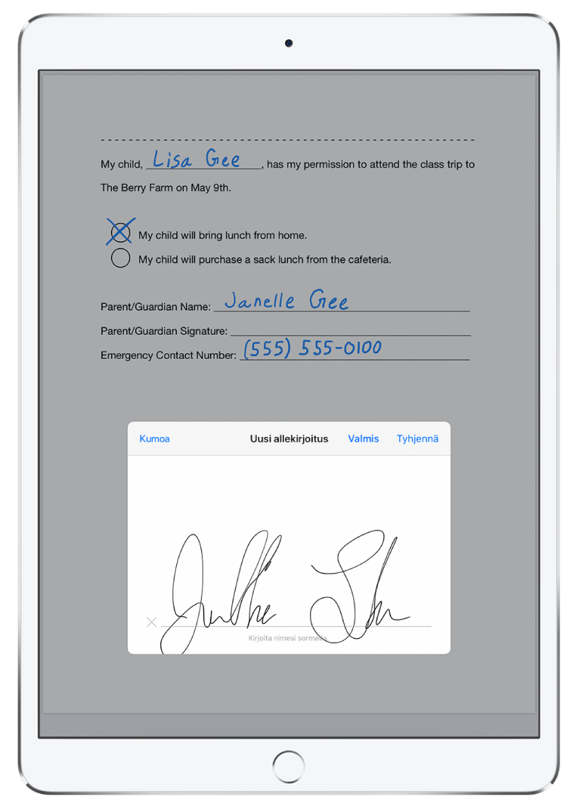 Uusi allekirjoitus lisätään PDF:ään Apple Pencilillä. Uuden allekirjoitusikkunan takana näkyy lupalappu lapsen luokkaretkeä varten.