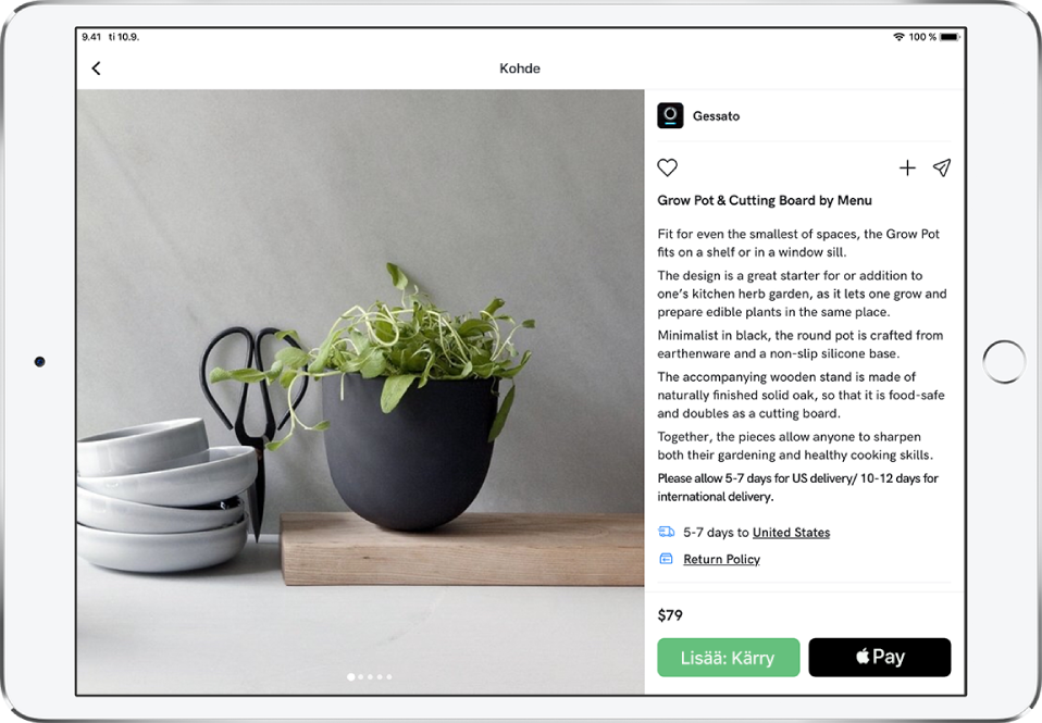 Appi, jossa näkyy tuotesivu ja Osta Apple Paylla ‑painike.