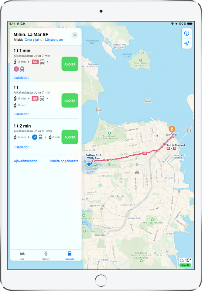 Kartta, jossa näkyy julkisen liikenteen reitti San Franciscossa. Reittikortissa vasemmalla on lueteltu kolme mahdollista reittiä.