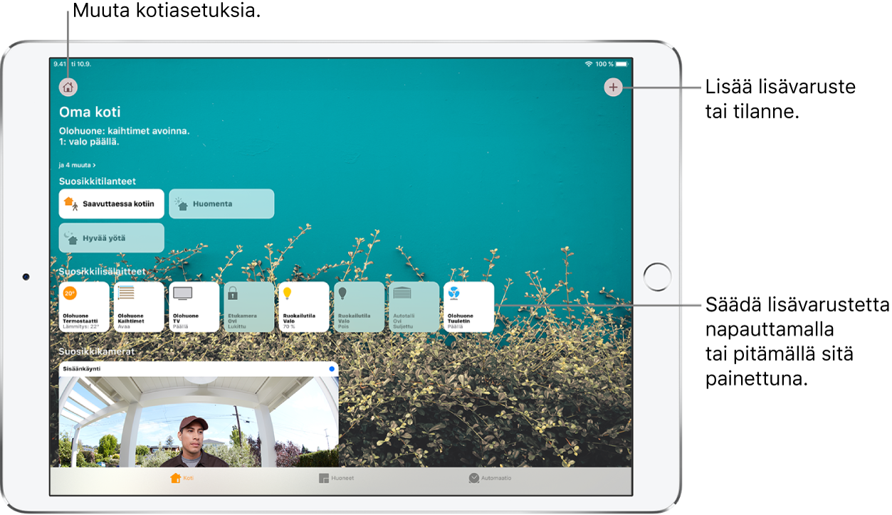 Koti-välilehti. Ylhäällä on yhteenveto kodin tilasta. Sen alla on suosikiksi merkittyjä tilanteita ja lisälaitteita. Alimpana ovat Huoneet- ja Automaatio-välilehdet.