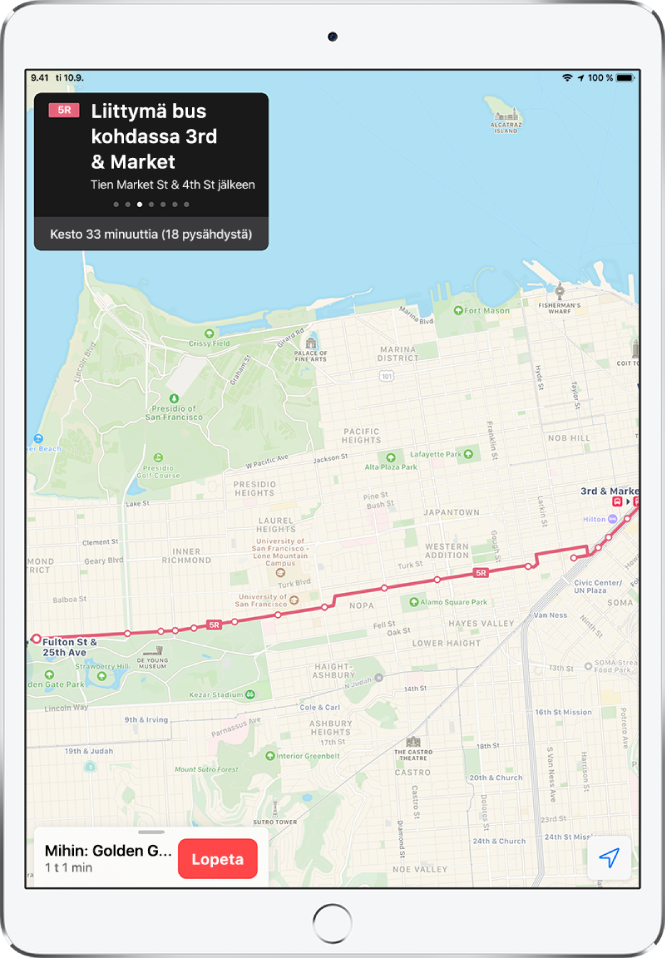 Kartta, jossa näkyy julkisen liikenteen reitti San Franciscossa. Ylhäällä vasemmalla olevassa reittikortissa näkyy ohje ”Poistu bussista pysäkillä 3rd and Market.”