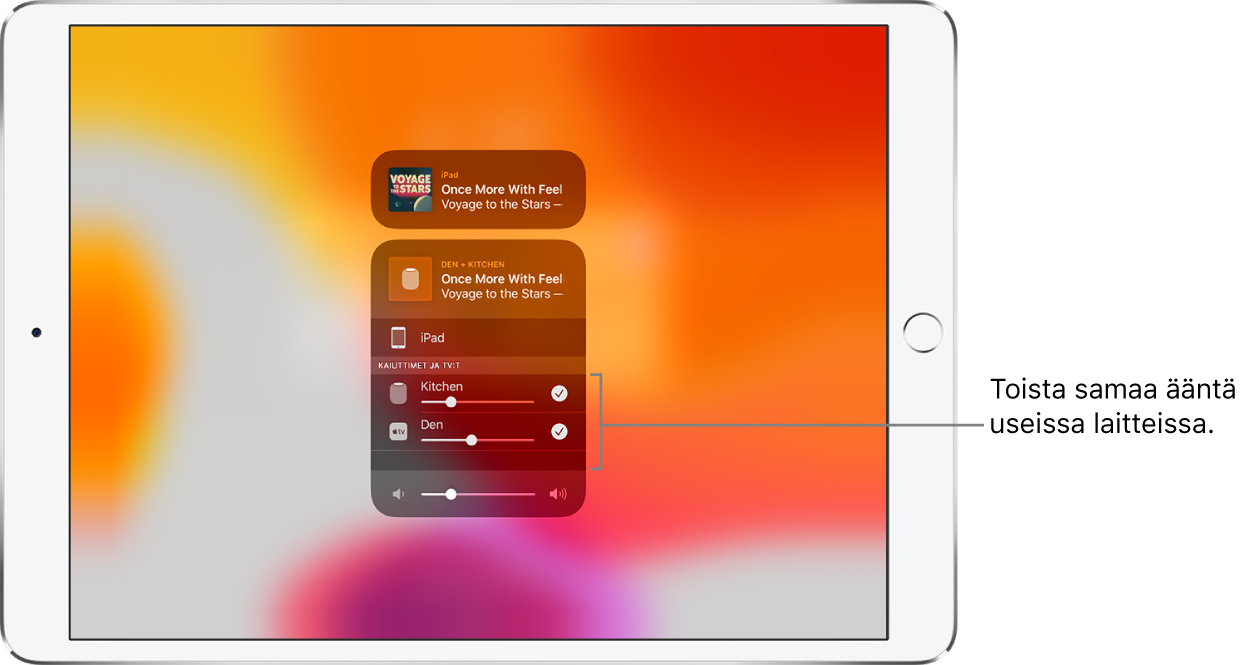 iPadin näyttö, jossa näkyy HomePod ja Apple TV valittuina äänen kohteina.