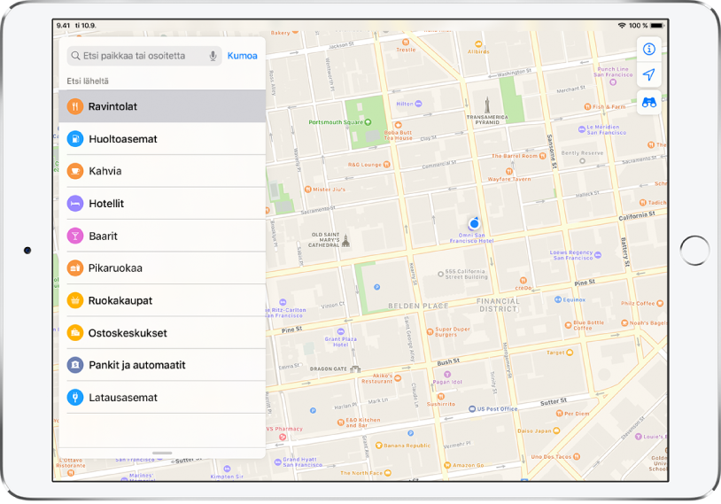 Kartta, jossa näkyy osa San Franciscon keskustasta. Vasemmalla on luettelo kohteista kategorioista Ravintolat, Kahvi ja Pikaruoka. Ravintolat on valittuna. Kartassa oranssit kuvakkeet ilmaisevat ruokailupaikkoja. Tiedot-, sijainti- ja 3D-painikkeet näkyvät ylhäällä oikealla.