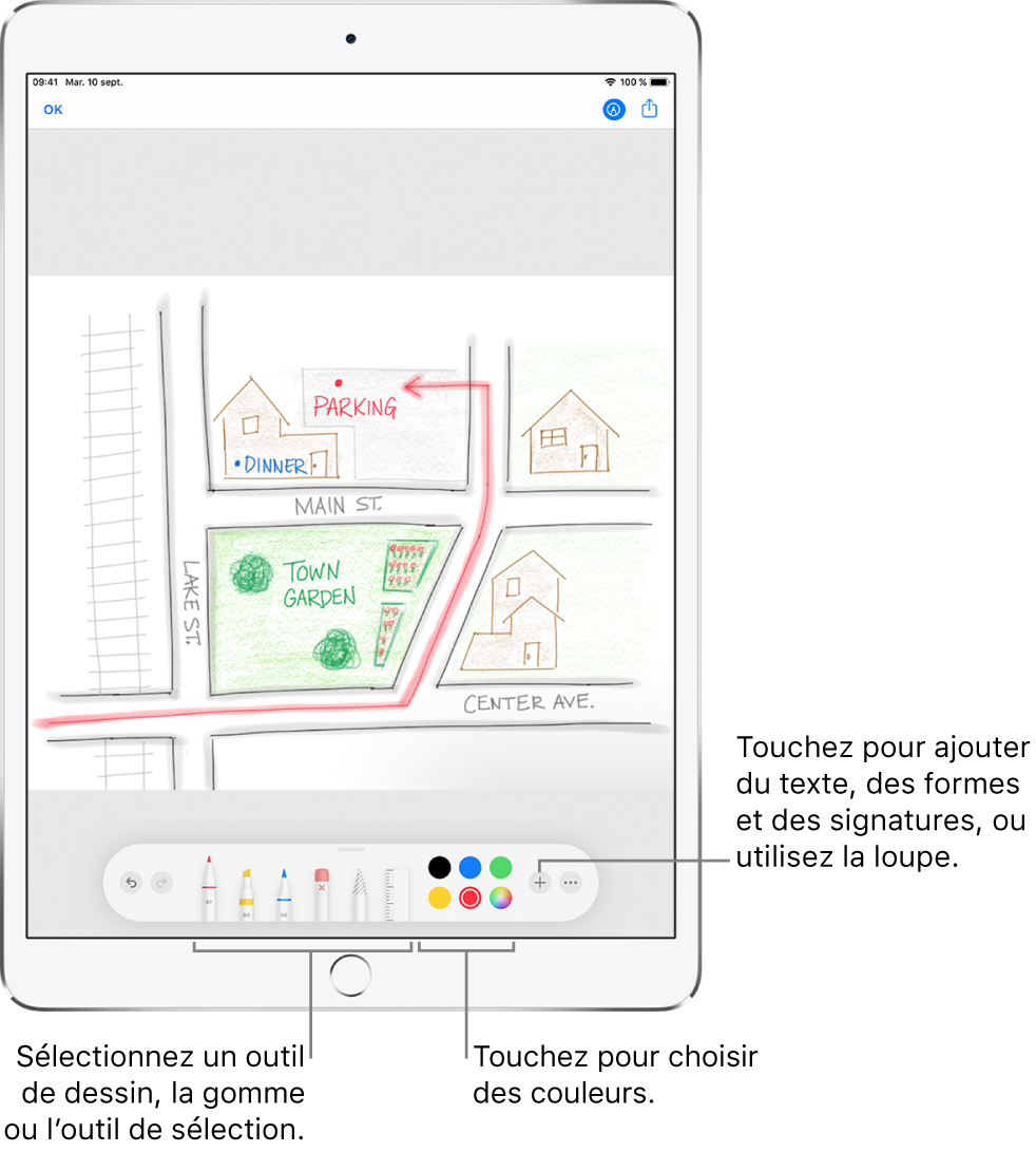 Une image dans une fenêtre d’annotation. Sous l’image, de gauche à droite, se trouvent les boutons permettant d’utiliser les outils d’annotation : des stylos pour dessiner, une gomme, un outil de sélection, des couleurs et des boutons permettant d’ajouter une zone de texte, votre signature et des formes, puis un autre pour sélectionner la loupe.