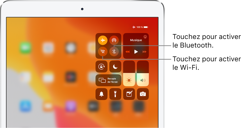 Le Centre de contrôle avec le mode Avion activé et des légendes expliquant que toucher le bouton en bas à gauche dans le groupe de commandes situé en haut à gauche active le Wi-Fi, et que toucher le bouton en bas à droite au sein de ce groupe active le Bluetooth.