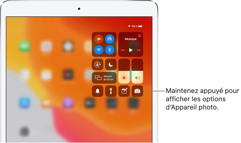 Commandes associées au mode Avion, aux données cellulaires, au Wi-Fi et au Bluetooth dans le groupe en haut à gauche du Centre de contrôle pour les modèles d’iPad Wi-Fi + Cellular. Une légende relative à la commande Appareil photo indique de toucher l’icône Appareil photo (en bas à droite) et de maintenir le doigt dessus pour afficher plus d’options liées à l’appareil photo.
