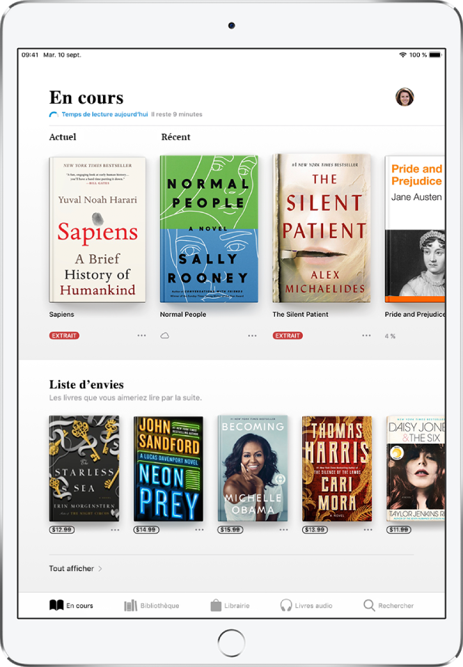 Un écran de l’app Livres. En bas de l’écran se trouvent, de gauche à droite, les onglets En cours, Bibliothèque, Librairie, Livres audio et Rechercher ; l’onglet « En cours » est sélectionné. En haut de l’écran se trouve la section « En cours », qui présente les livres en cours de lecture. En dessous se trouve la section « Liste d’envies », qui présente les livres que vous pourriez avoir envie de lire.