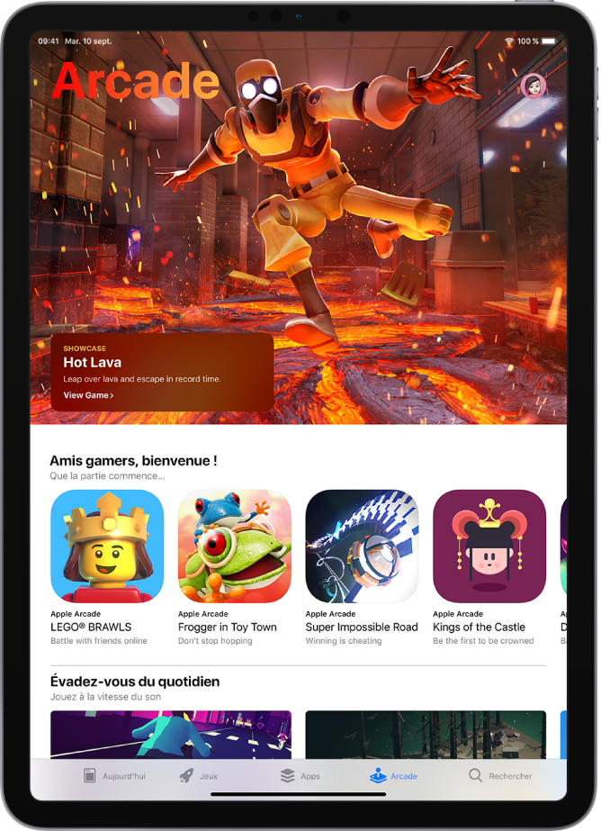 L’écran Arcade de l’App Store montrant un jeu recommandé ainsi que d’autres recommandations. Votre photo de profil, que vous touchez pour afficher les achats et gérer les abonnements, se trouve en haut à droite. En bas de l’écran, de gauche à droite, se trouvent les onglets Aujourd’hui, Jeux, Apps, Arcade et Rechercher.