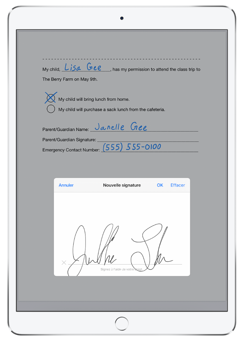 Une nouvelle signature est en cours d’ajout à un fichier PDF à l’aide de l’Apple Pencil. Derrière la fenêtre de nouvelle signature se trouve une autorisation écrite pour un enfant pour qu’il puisse participer à une sortie de classe.