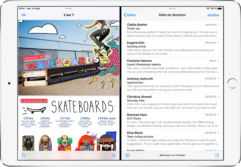 L’écran de l’iPad en Split View. Une présentation est ouverte sur le côté gauche de l’écran et Mail est ouvert sur le côté droit.