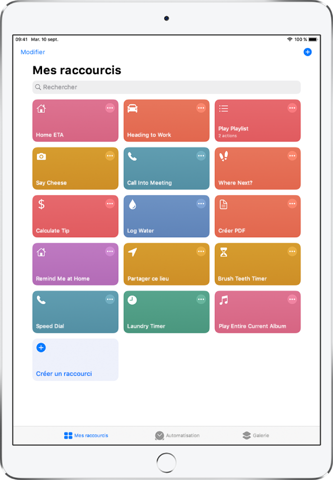 L’onglet « Mes raccourcis ». Un champ de recherche se trouve en haut de l’écran. Des raccourcis figurent en dessous. Ils permettent de réaliser des tâches quotidiennes, comme créer un PDF, partager votre position et régler un minuteur pour la lessive. En bas de l’écran se trouvent les onglets Automatisation et Galerie.