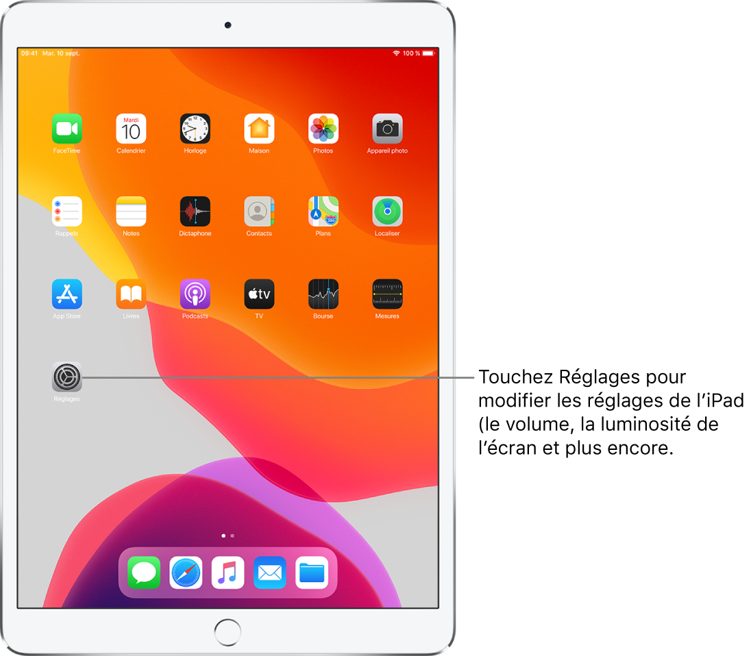 L’écran d’accueil de l’iPad avec plusieurs icônes, notamment l’icône Réglages, que vous pouvez toucher pour modifier le volume, la luminosité de l’écran et d’autres réglages de votre iPad.