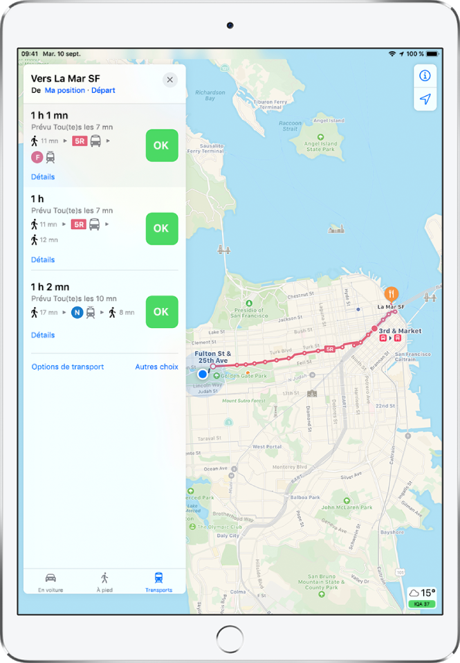 Plan affichant un itinéraire en transports en commun à San Francisco. Une fiche d’itinéraire à gauche énumère trois itinéraires possibles.