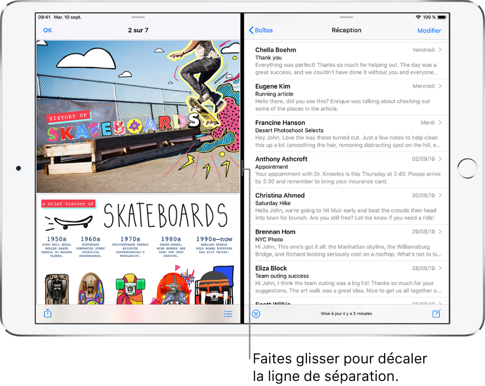 Une app graphique est ouverte sur le côté gauche de l’écran et Mail est ouvert sur le côté droit. Une légende relative à la ligne sombre entre eux indique « Faites glisser pour redimensionner le séparateur ».
