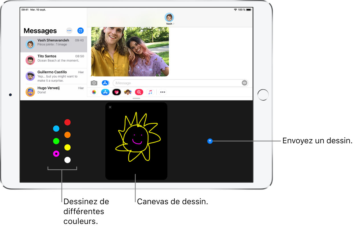 Une fenêtre Messages avec l’écran Digital Touch en bas. Les options de couleurs sont à gauche, le canevas de dessin est au centre et le bouton Envoyer est à droite.