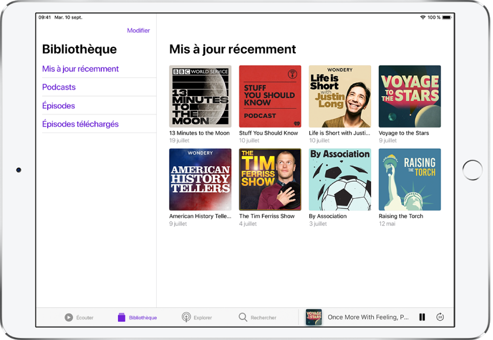 L’onglet Bibliothèque affichant les podcasts récemment mis à jour.