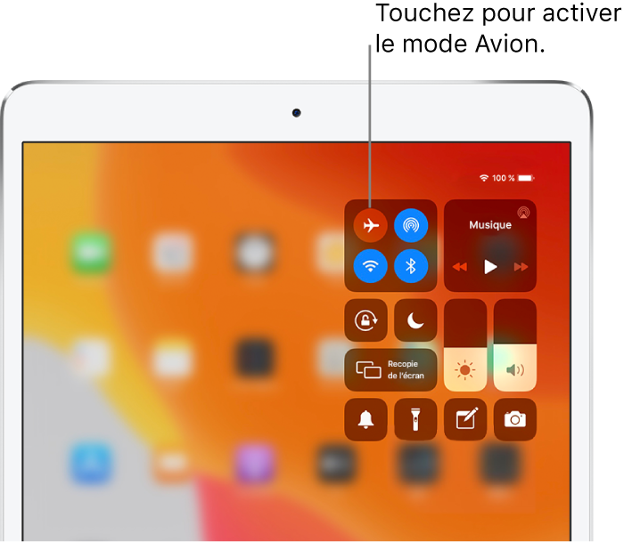 L’écran du Centre de contrôle affichant comment activer le mode Avion en touchant le bouton en haut à gauche.