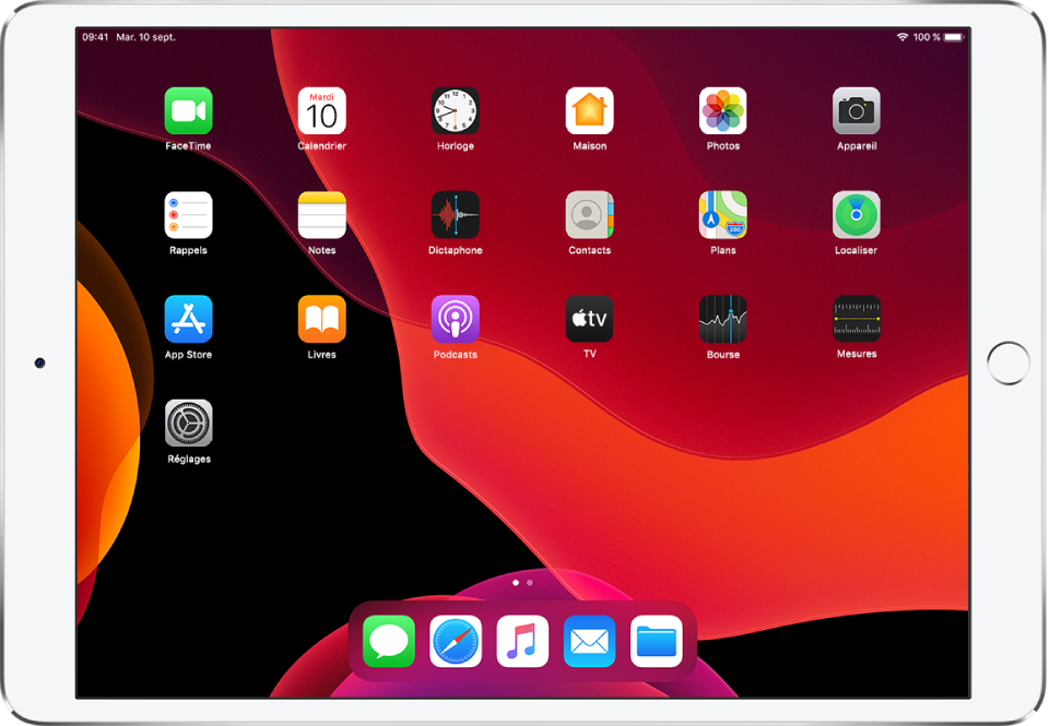 Écran d’accueil de l’iPad avec l’apparence sombre activée.