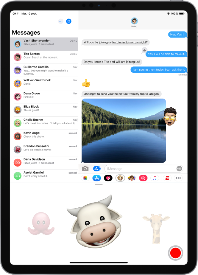 Une conversation Messages avec un Animoji sélectionné et prêt à être enregistré avant l’envoi.